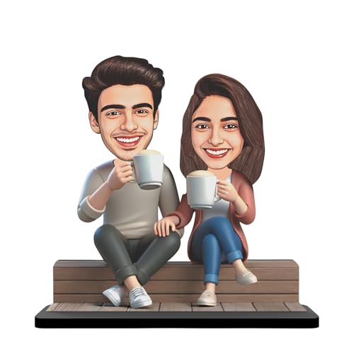 Image of Wood Rectangular Personalized Caricature Gift for Couple, 7 Inches, Tabletop Multicolor, Art Deco Style