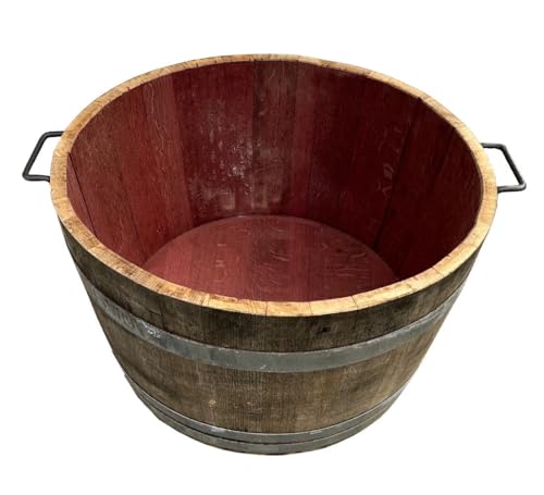 Fassl Baron gebrauchtes Weinfass naturbelassen,-Eisengriffe- D/H=70/40cm Holzfass halbiert aus Eiche als Pflanzkübel oder Miniteich (D70 H40 cm 100 Liter)