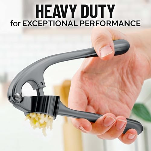 Image of Zulay Kitchen Premium Garlic Press Set - Rust Proof Professional Garlic Mincer Tool - Easy-Squeeze, Easy-Clean with Soft, Ergonomic Handle - Silicone Garlic Peeler & Brush (Slate)