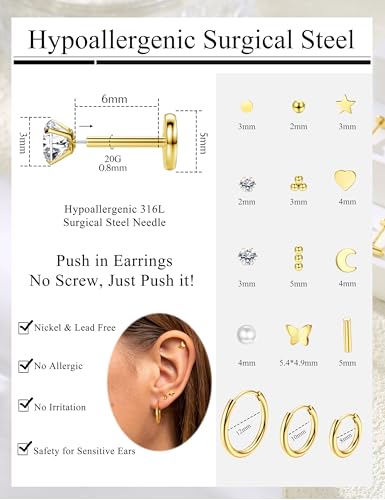 ORAZIO Small Flat Back Earrings,Push in Stud Earrings for Women Men,Hypoallergenic 14K Gold Plated Surgical Stainless Steel Threadless Earring,Flatback Stud Hoop Cartilage Earring Set for Multiple Piercing2