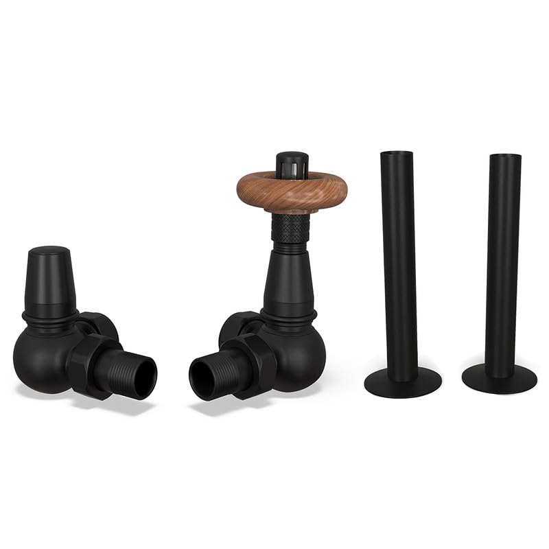 UK Radiators Black Thermostatic Radiator Valves and Corner Lockshield Valve - Matt Black Finish - Traditional Design 1/2" x 15mm Corner Radiator Valves with 130mm Pipe Sleeves