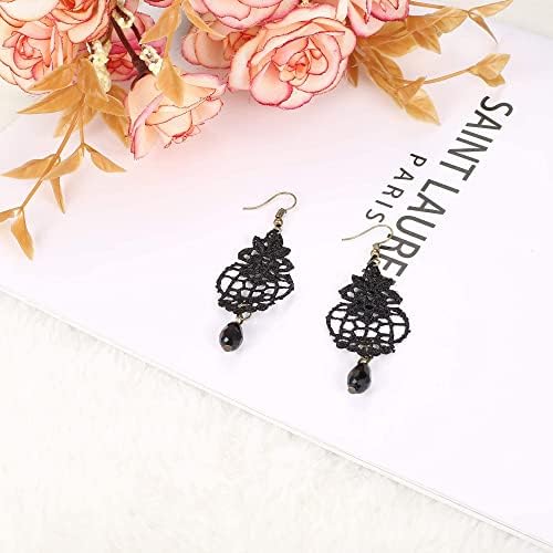 LOLIAS 3Pcs Halloween Necklace Bracelet Earrings Set for Women Black Lace Lolita Steampunk Vampire Victorian Gothic Christmas Costume Jewelry Set
