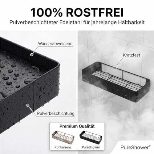 PureShower Badregal ohne Bohren, 2-teiliges Duschregal aus rostfreiem Metall, matt schwarz, selbstklebende Wandbefestigung mit 4 Haken, stabile Aufbewahrung für Bad und Küche (bis zu 6 kg)