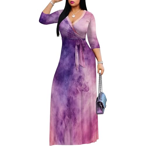 Image of PinkPatty Plus Size Maxi Dress for Women 3 /4 Sleeve Casual Long Dress | Soft stretchy fabric, functional pockets, flattering wrap v neck for vacation, casual wear and everyday styling