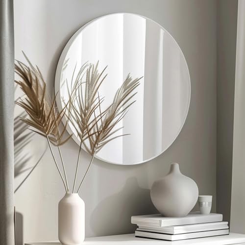 Image of Sunniry White Round Mirror 26 inch, Circle Bathroom Mirror Matte Metal Frame, Circle Mirrors for Living Room, Bathroom, Wall, Hallway.