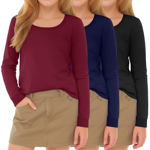 3 Pack Girls' Long Sleeve Shirts Round Neck Kids Knit Tops Loose Sweatshirt Toddler Pullover Basic Tees Tween Youth