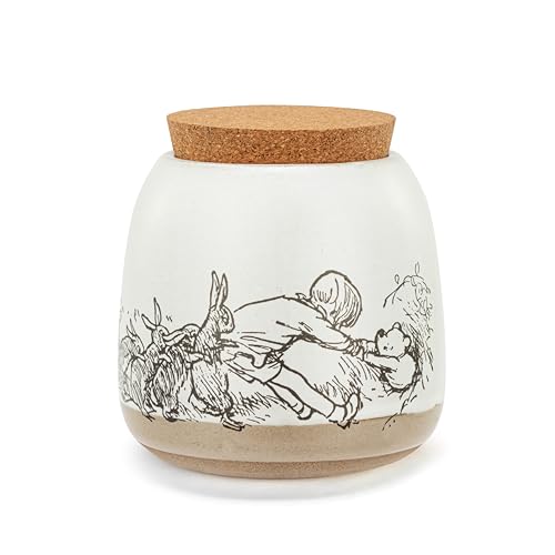 Image of DEMDACO Pooh Classic Yellow Bear Everyday Collection Helping Hands Pooh Classic Yellow Bear Cream Small 4.5 x 3.5 Stoneware with Cork Lid Cookie Storage Jar Canister