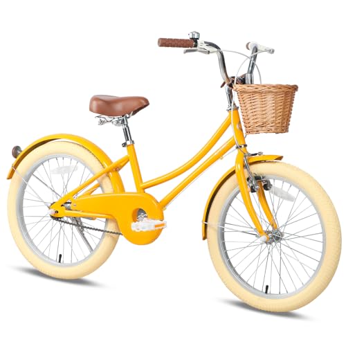 Glerc 20 Pulgadas Niños Niñas Bicicleta para 6 7 8 9 10 Años Niñas Retro Estilo Vintage Bicicletas con Cesta Ruedas de Entrenamiento y Campana, Amarillo