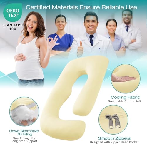 Image of Cooling Pregnancy Pillows for Sleeping, 65'' Full Body Pillow, Light Yellow | Sasttie Maternity Pillow, OEKO-TEX, Down Alternative, Removable Cover, Pregnant Women Must Haves, Maternity Essential