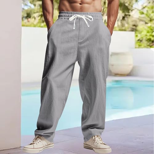 Mens Linen Pants Casual Summer Beach Pants Straight-Legs Elastic Waist Drawstring Lightweight Trousers with Pockets2