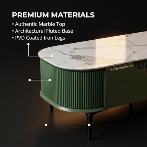 Image of WOODEN SPACE Premium Solo Marble-Top Wooden Center Table for Living Room | Iron Legs | PVD Coating | Modern Entryway Furniture | Coffee Table - 42X24X18 in (Dark Green)