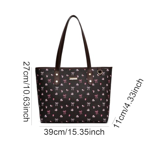 Image of hibear Cherry Print Tote Bag for Women Bow Shoulder Handbag Trendy Faux Leather Top-Handle Bag with Cherry Accessories