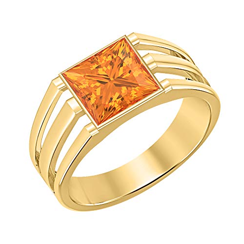 RUDRAFASHION 14K Yellow Gold Plated Solitaire Princess Cut Orange Sapphire Men's Wedding Band Engagement Ring for Mens