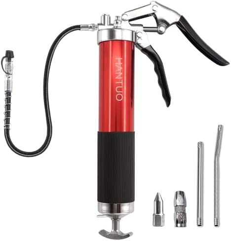 Grease Gun, 8000 PSI Pistol Grip Grease Gun Kit with 14 oz Load, Heavy Duty Professional Quality, Anodized Aluminum Barrel.18 Spring Flex Hose, 6" Straight & 6" Angled Tube, Coupler & Needle Nozzle