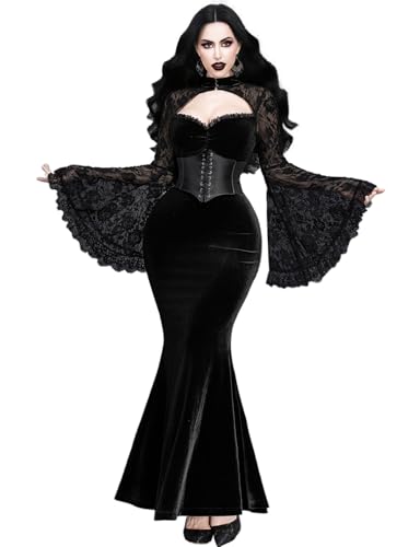 InGoticos Women Gothic Sexy Retro Lace Contrast Dark Bridal Goth Dress Mermaid Without Corset Black