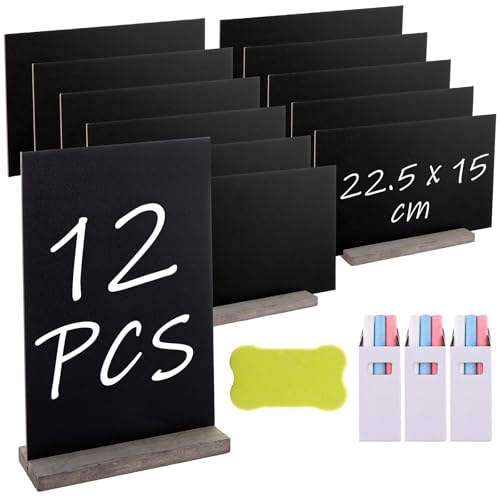 12 Pcs Mini Chalkboard Signs, 23 x 15 cm Small Chalk Boards with Stands, Double-Sided Mini Blackboard Signs with Eraser & Chalks, Small Blackboard Signs for Table Place Cards Event Decoration