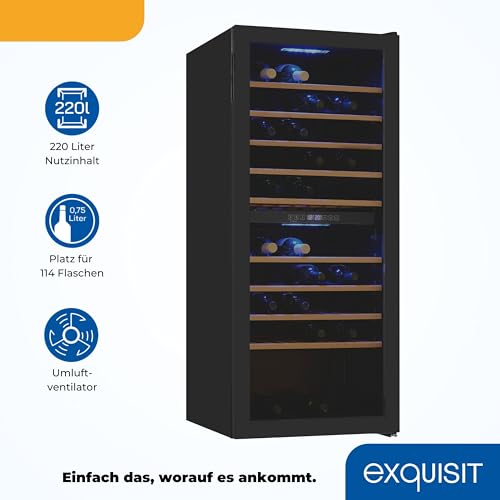Exquisit Weinkühlschrank 2 Zonen, Platz für 78 Flaschen, 194 Liter, Umluftventilator, 9 Holzablagen, Digitale Temperaturanzeige, WS2-78-GTE-160G schwarz