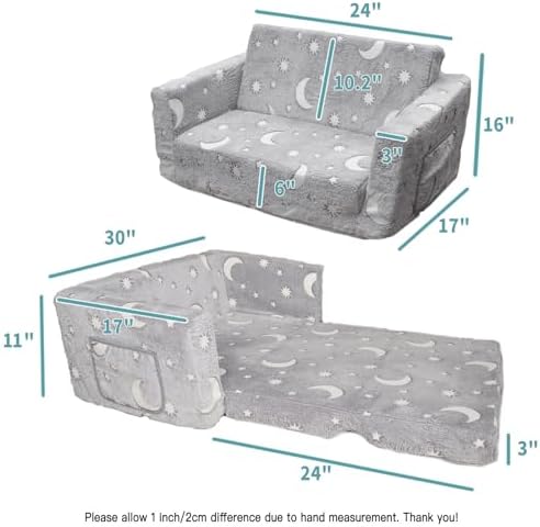 Glow in The Dark Chairs Children's Extra Wide Convertible Sofa to Lounger - Extra Soft 2 Seats 2 in 1 Flip Open Sleeper Couch for Toddler Kids Girls Boys