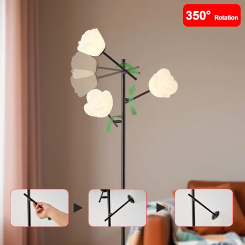 Image of Fiqevs Mid Century Modern Floor Lamp with 3 Adjustable Flower Shade - Floral LED Standing Light with Foot Switch & Light Bulb, Sputnik Tree Lamp for Living Rooms Bedrooms - Black