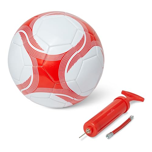 Amazon Basics Balón de Fútbol Tamaño 5 con Bomba, Balón de Entrenamiento, Diseño Duradero de PVC, Cámara Interior de Butilo, Uso en Interiores y Exteriores, Cosido a Máquina, Blanco y Rojo