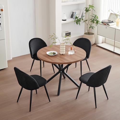 GrandCA HOME Ensemble Table et Chaises, Table Ronde de 100 cm et 4 Chaises en Velours Nordique, Idéal pour Le Salon, la Salle à Manger et la Cuisine (Grain...