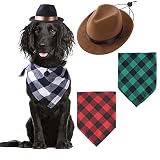 5Pieces Dog Cowboy Hat, Dog Fedora, Buffalo Plaid Dog Bandana, Red Green and White Triangle Scarf, F