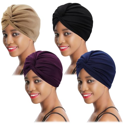 XEPST 4 Piezas Pañuelos Quimioterapia, Turbantes para Mujer, Gorros Oncologicos para Mujer, Cancer Pañuelos Cabeza Mujer Gorros de Dormir Gorro Turbante Pelo Mujer para Pérdida de Pelo, 4 Colores