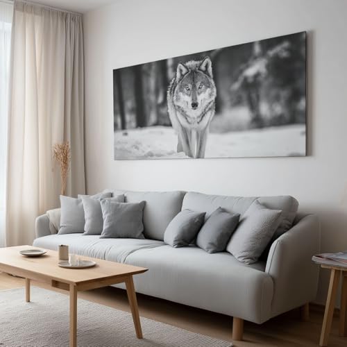 Lienzo decorativo para pared, diseño de lobo, color blanco y negro, imagen panorámica en lienzo XXL, obra de arte para el hogar, salón, apartamento, decoración de pared, 120 x 60 cm