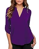 roswear Women's Business Casual V Neck Cuffed Sleeves Work Blouse Top Purple L