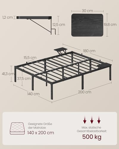 VASAGLE Bett 140 x 200 cm, Gästebett mit Aufbewahrungsregalen, Doppelbett, Bettgestell aus Metall, Bettrahmen, Metallbett, einfache Montage, klassikschwarz RMB094B01