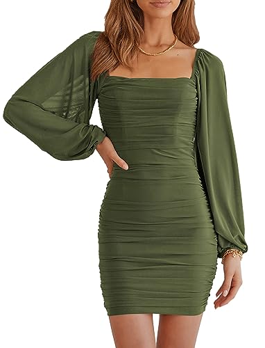 Image of MASCOMODA Women Elegant Square Neck Lantern Long Sleeve Mini Ruched Bodycon Dress Stretch Mesh Slim Party Cocktail Dresses
