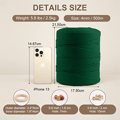 Image of ZUEXT Macrame Cord, Blackish Green, 4mm x 547yds Cotton String Macrame Yarn | Natural Handmade, 4 Strands Twisted Cotton Rope, for Craft Wall Hanging Weaving Tapestry Dream Catchers Hanger DIY Gift, 500m