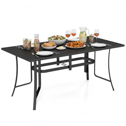 Tangkula 63' x 33' Metal Patio Dining Table for 6, Rectangle Heavy Duty Outdoor Dining Table with Umbrella Hole, 6-Person Outside Dining Furniture for Porch, Garden, Balcony and Backyard