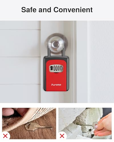 Image of Puroma Large Key Lock Box With Resettable Combination Code, Portable Wall Mount Waterproof Security Safe for Outside Home Office Door Handle House Key, Red (1 Pack)