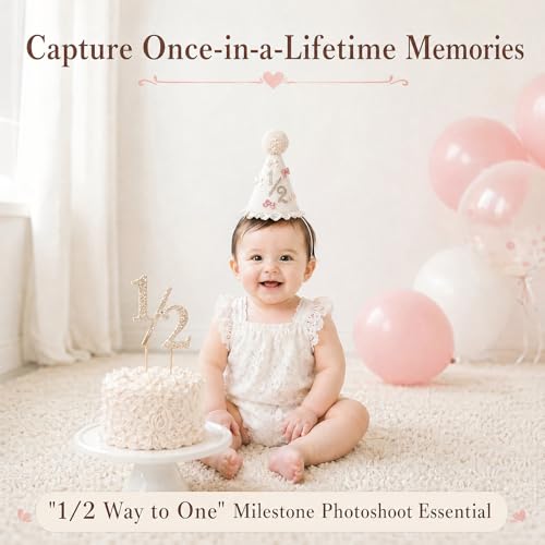 Packyouth Bow 6 Month Birthday Hat for Girls – Boho Half Birthday Crown with Satin Bows, Lace Trim & Glitter 1/2" | Cake Smash Photo Prop | Stretchy Elastic Strap(COLOR-3, 1/2) — view 3