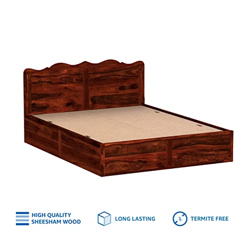 Image of Solid Sheesham Wood Mehraab Queen Size Bed with Box Storage | Palang Cots Wooden Double Beds for Bedroom, Living Room, Hotel and Home (Honey Finish)
