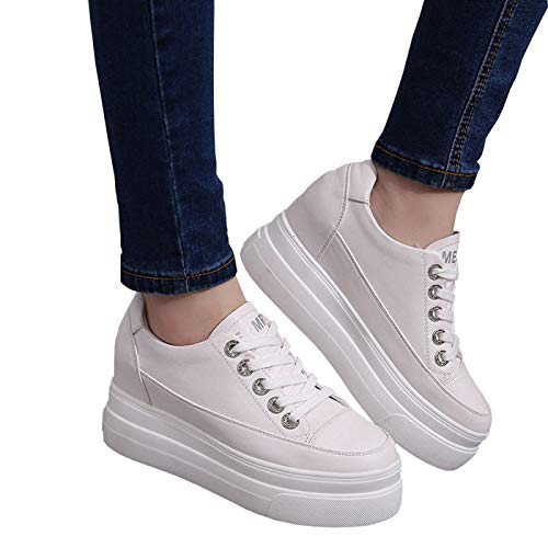 EDWRD Talon Compensé Augmenter Les Baskets 8CM Baskets à Lacets en Cuir Blanc pour Femmes,White-38 Cover