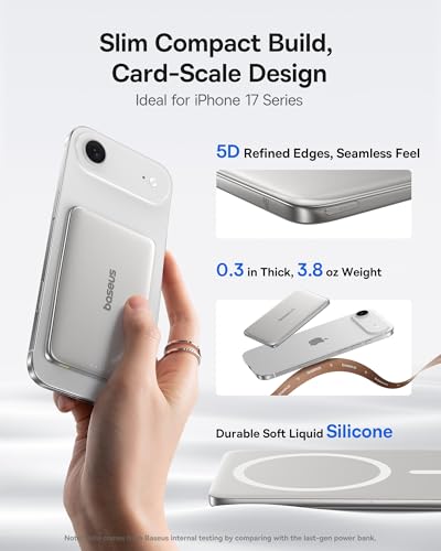 Image of Baseus Picogo Power Bank, 0.3 inch Ultra Slim 5000mAh MagSafe Battery Pack, Upgraded CCC Certified and Polished Alloy Magnetic Portable Charger, Wireless Charger for iPhone 17 /16 /15 /14 /13 /12