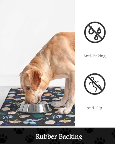 Image of Pet Feeding Mat-Absorbent Dog Mat for Food and Water Bowl-No Stains Quick Dry Water Dispenser Mat-Dog Accessories Pet Supplies-Bowl for Messy Drinkers（DARKFLOWERS,12 inchx19 inch