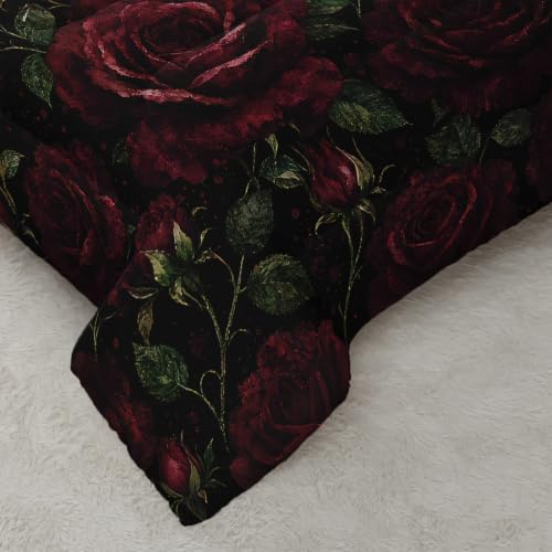 Image of AILONEN Midnight Rose Full Duvet Set 3 Piece, 1 Comforter + 2 Pillowcases, Wine Red Petals Dark Botanical Lattice Moody Garden Pattern for Victorian Guest Room