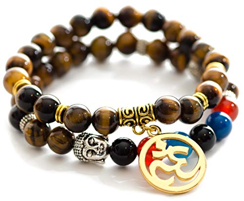 Gems of Peace - Tiger Eye Beaded Om Buddha Protection Bead Bracelet w/Flax Pouch & Lucky Red String Beaded Bracelets For Women Or Men Perfect Tigers Eye Prayer Beads