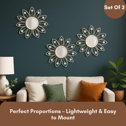 Image of Metal Sunflower Mirror Wall Decor with Crystals Decorative Mirror Wall Mounted | Mirror Wall Decor for Living Room Beautiful Modern Designer | Hanging Mirror Sculpture Set of 3 (Crystal White)
