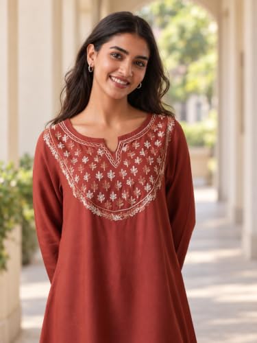 Image of QAZMI Women's Azra Kashmiri A-Line Full Sleeves Viscose Rayon Short Kurti
