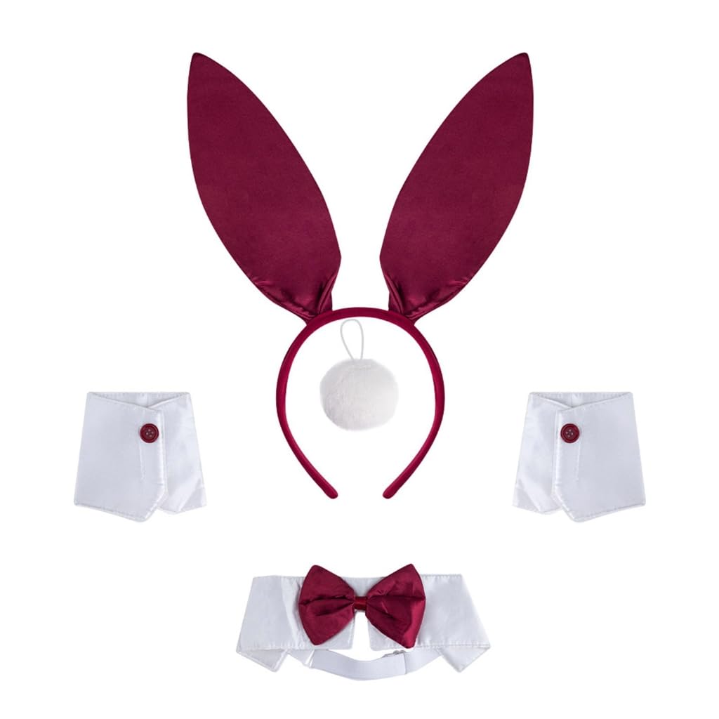 Yigzycn Unisex Flat Burgundy Four Rabbit Ears Headband Collar Bowtie Cuff Bunnies Tail For Halloween Cosplay Party Easter Bunnies Costume Set For Women