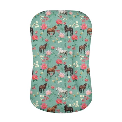 Image of ZOUTAIRONG Floral Horses Soft Bassinet Sheets Floral Comfy Polyester Cradle Sheets for Baby Boys Girls Universal Fit for Most Cradle and Bassinet Mattress - Green