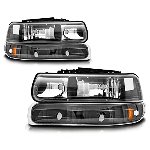 Cxdar Headlight Assembly Compatible with 1999-2002 Chevy Silverado 1500 2500/ 2000-2006 Suburban 1500 2500 Tahoe, Headlamps with Bumper Lights, Fit OE Grill (Black Housing Amber Reflector)