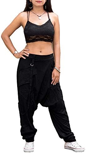 Thaluta Women's Harem Lounge Pants with Pockets Drop Crotch Yoga Cotton Elastic Waist Baggy Trousers Black