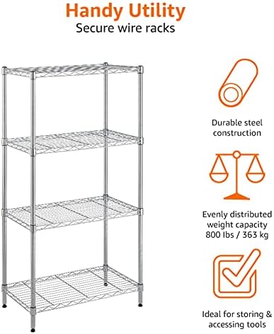 Amazon Basics 4-Shelf Storage Unit with Height Adjustable Shelves and Adjustable Levelling Feet - 363kg Max Weight, 58.9W x 34D x 121.9H, Chrome