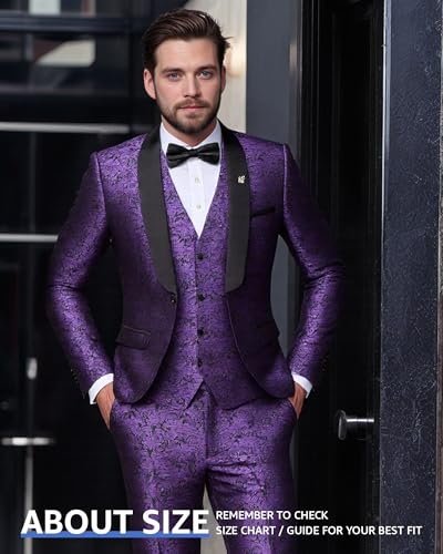 Hihawk Men's Floral Suit Set, 3 Piece Paisley Slim Fit, Jacket Vest and Pants with Bow Tie for Wedding Dinner Prom Party2