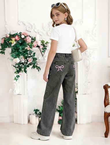 Image of Jeans for Girls Baggy Wide Leg Cute Bow High Elastic Waisted Denim Pants Y2K Boyfriend Skater Streetwear 7-14Y